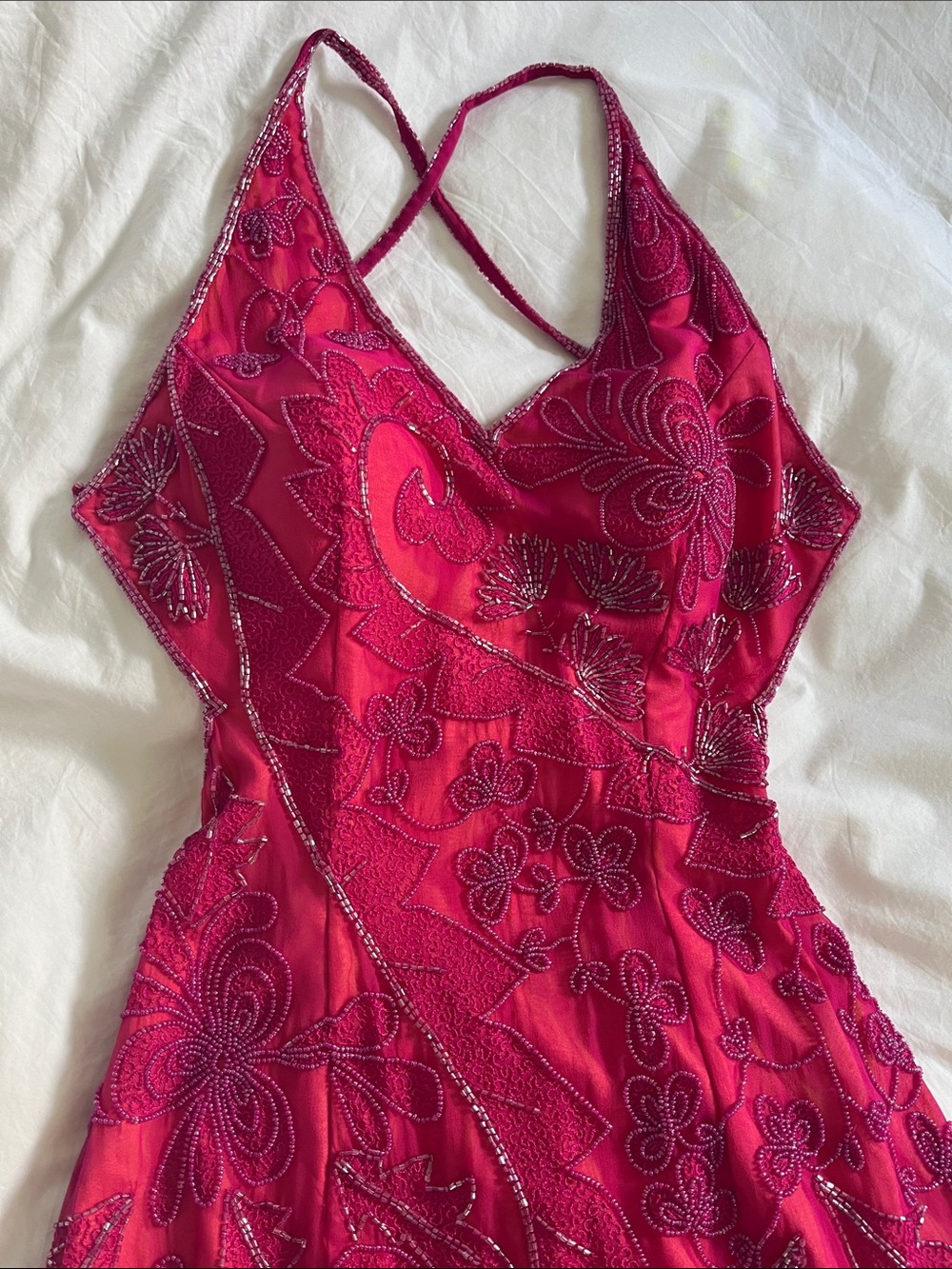 Cache vintage Y2K silk magenta hot pink orange beaded maxi dress open back - Picture 7 of 16